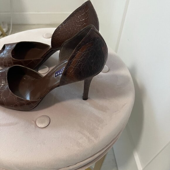 Ralph Lauren Collection Brown Leather Snake Skin Print Peep Toe Heels Size 9 - Picture 4 of 5